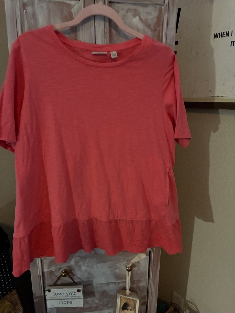 LOGO by Lori Goldstein Coral Pink Short Sleeve Ruffle Hem Top